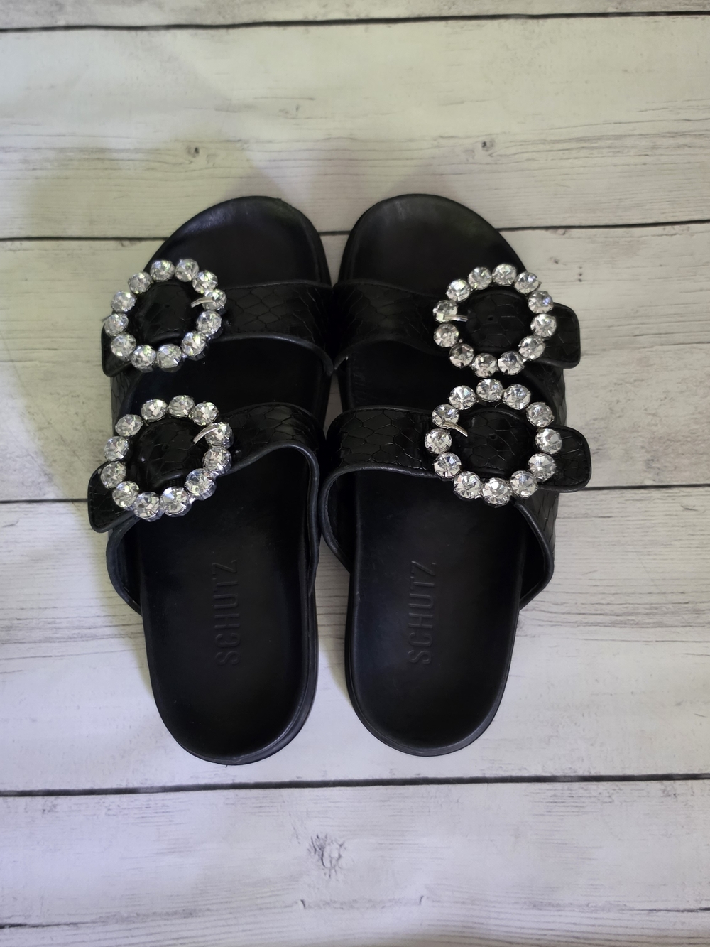 SCHUTZ Ariel Blk Crystal Embellished Snakeskin Embossed Leather Buckle Slides 7